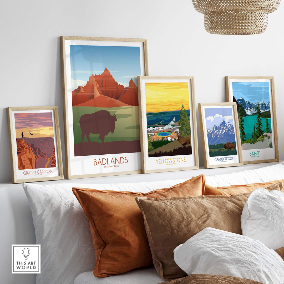 Gallery of framed national park art prints including Badlands, Yellowstone, Grand Canyon, and Banff.