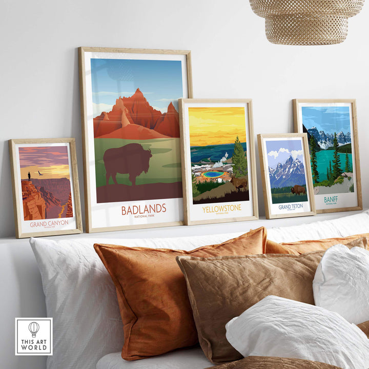 Gallery of framed national park art prints including Badlands, Yellowstone, Grand Canyon, and Banff.