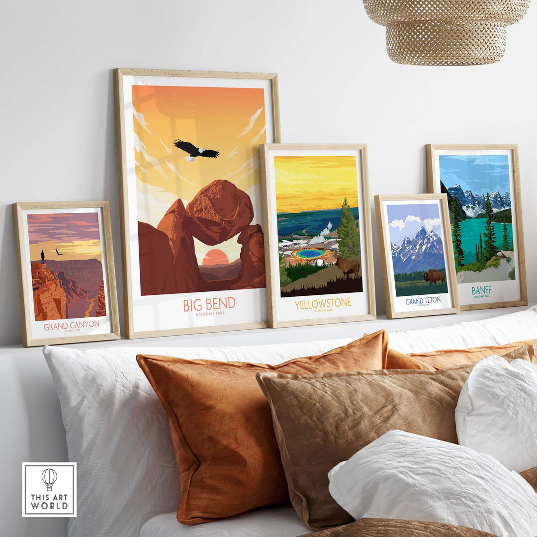 Stylish wall art featuring Big Bend, Grand Canyon, Yellowstone, and Banff National Park posters in a modern home setting.