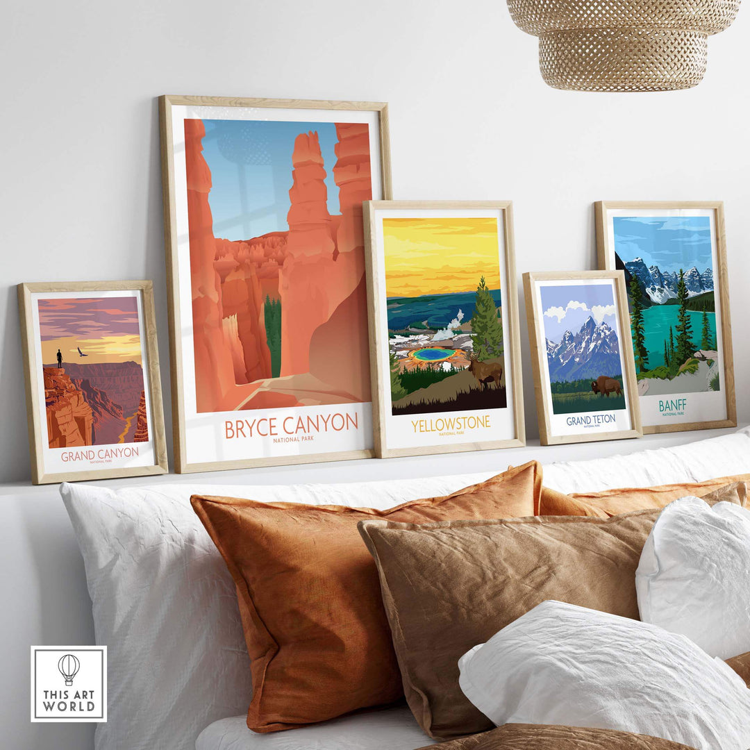 Art prints of national parks including Bryce Canyon and Grand Canyon displayed in stylish frames on a cozy sofa.