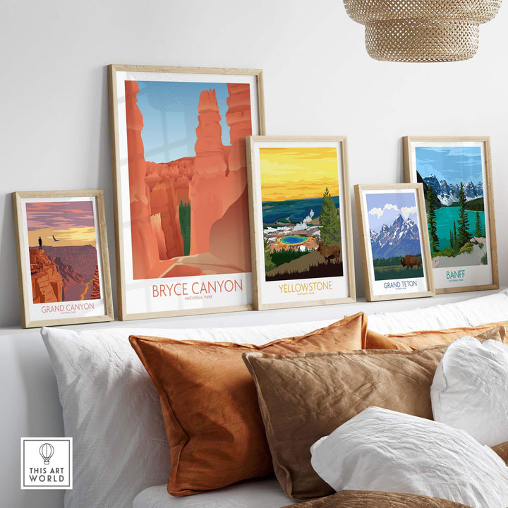 Art prints of national parks including Bryce Canyon and Grand Canyon displayed in stylish frames on a cozy sofa.