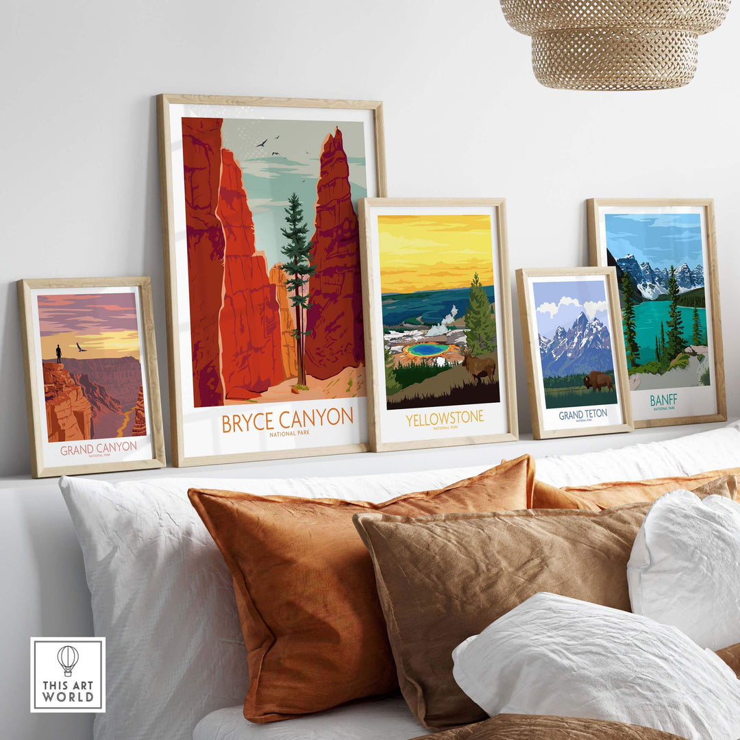 Collection of vintage National Park posters including Bryce Canyon, perfect for home decor.