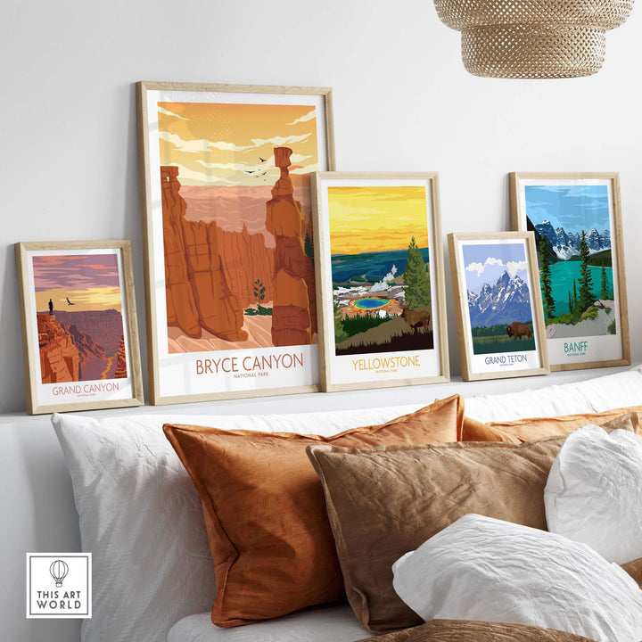 Stylish Bryce Canyon National Park poster and other national park art prints displayed in a modern living space.