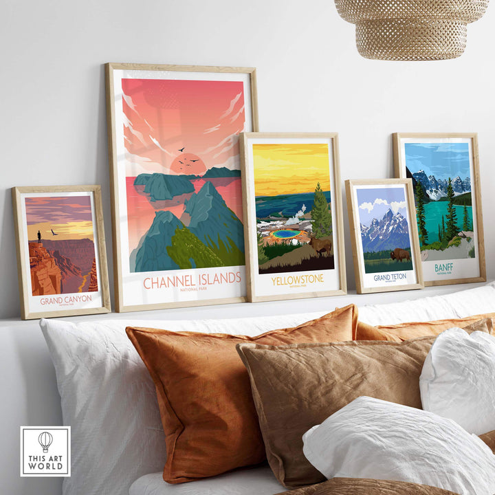 Channel Islands National Park poster displayed among framed artwork of Grand Canyon, Yellowstone, and Banff on a cozy sofa.