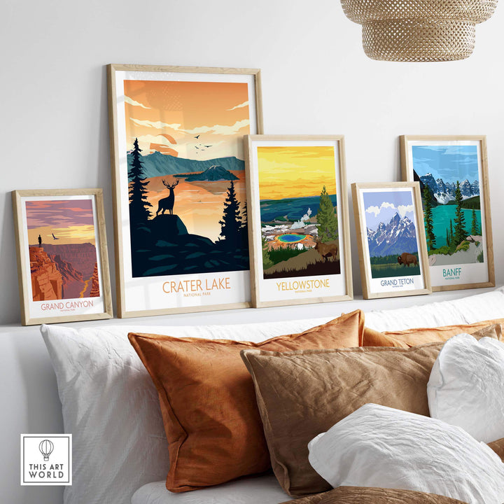 Framed art prints of national parks including Crater Lake, Yellowstone, and Banff displayed in a stylish living room setting.