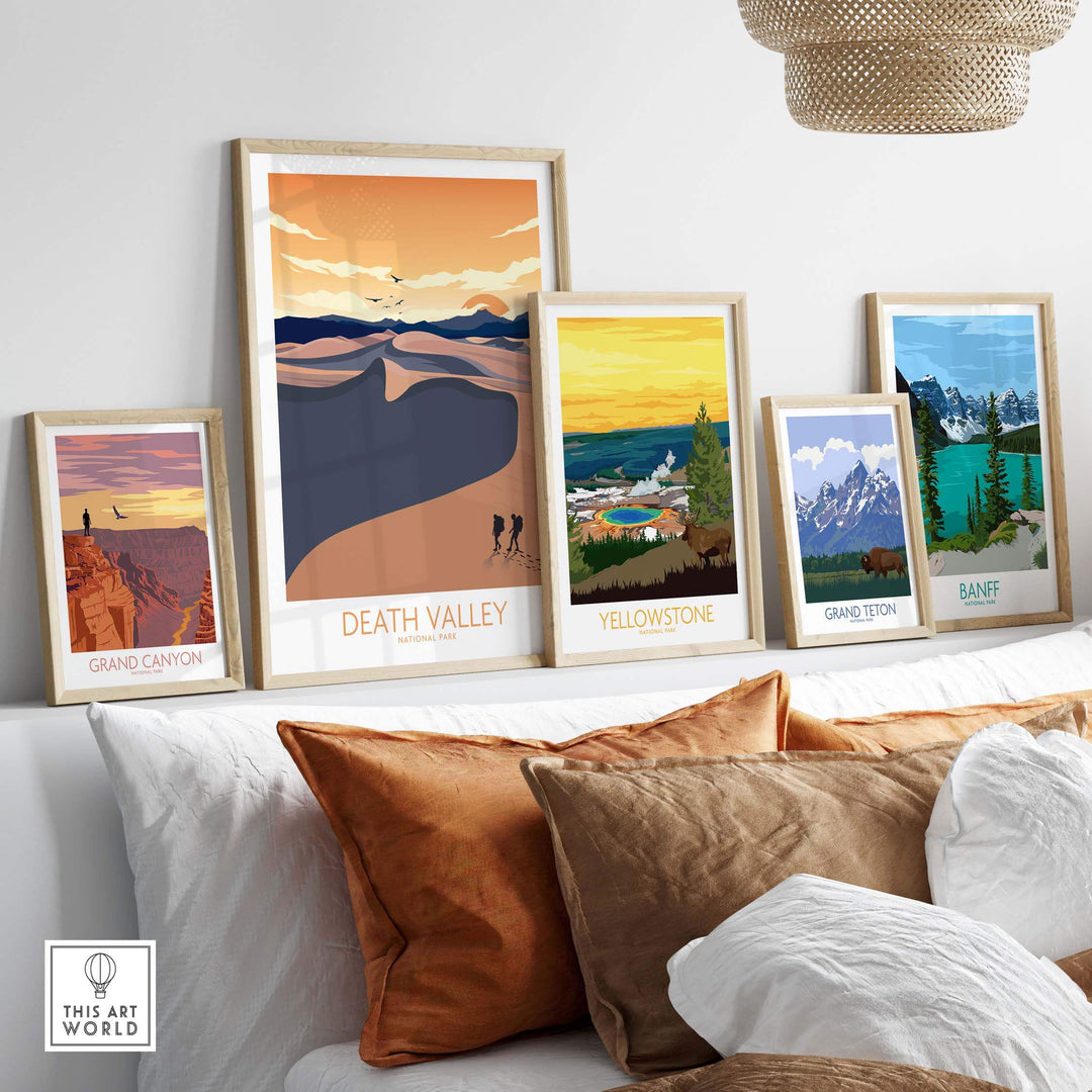 Framed art prints featuring Death Valley, Yellowstone, Grand Canyon, and Banff on a stylish wall display.