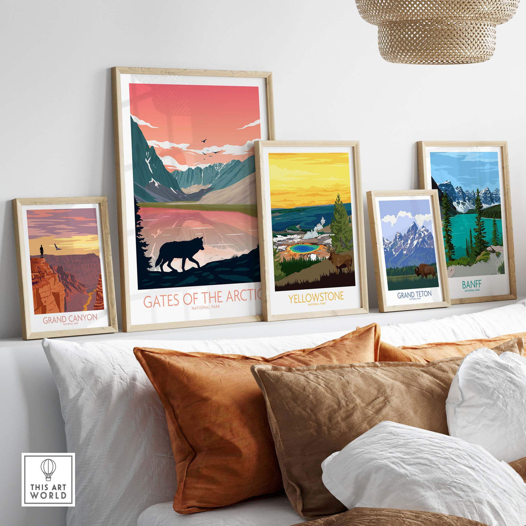 Gates of the Arctic National Park poster among other national park art prints, displayed in a cozy living room setting.