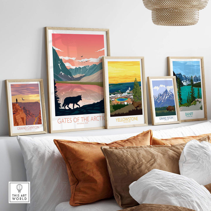 Gates of the Arctic National Park poster among other national park art prints, displayed in a cozy living room setting.