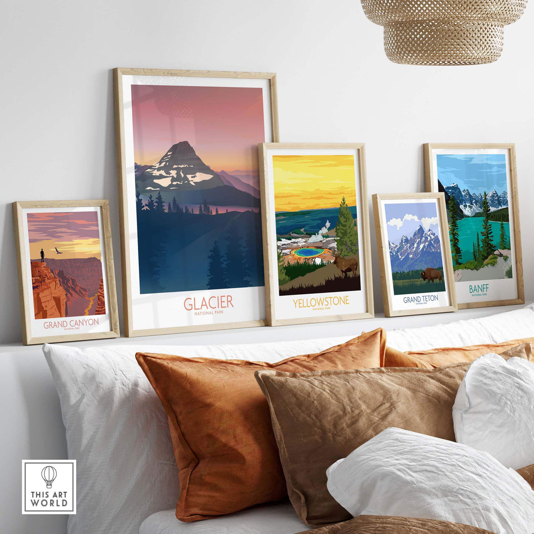 Framed Glacier National Park art prints displayed in a stylish living room setting on a sofa.