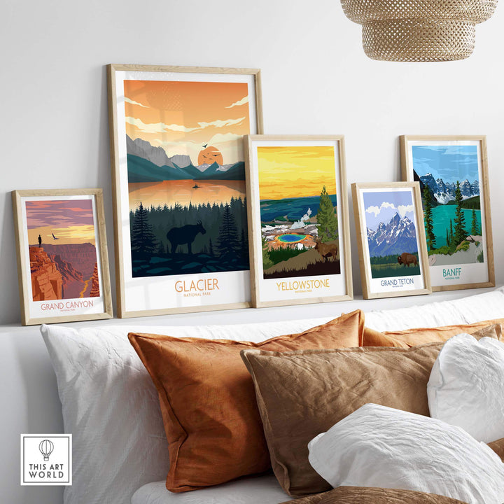 Collection of framed national park art prints, including Glacier, Yellowstone, Grand Canyon, and Banff, displayed in a cozy living room.