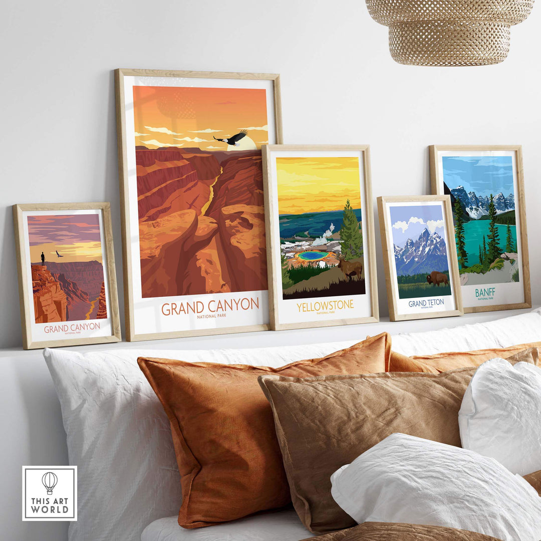 Framed Grand Canyon National Park art prints displayed stylishly on a living room wall, showcasing nature and wanderlust themes.