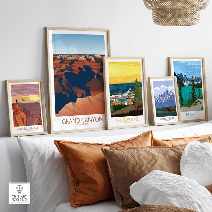 Grand Canyon National Park art prints displayed in stylish frames on a living room wall, showcasing nature-inspired designs.