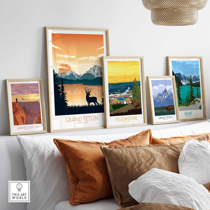 Grand Canyon and National Park poster prints displayed on a couch, showcasing vintage-inspired outdoor artwork.