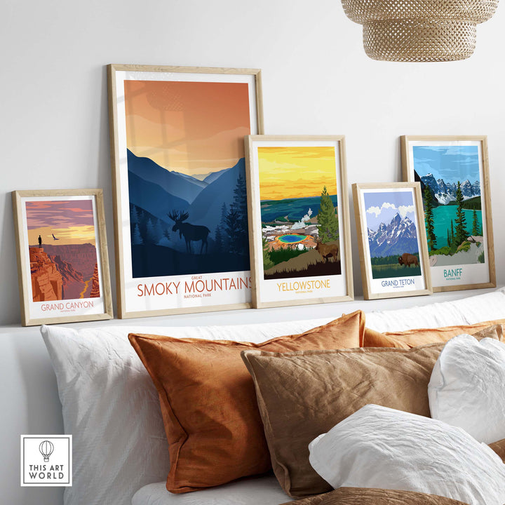 Smoky Mountains National Park art print displayed among other national park prints on a stylish couch.