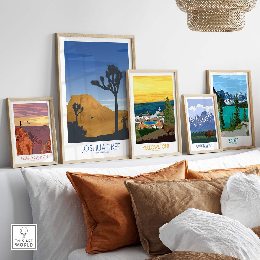 Framed Joshua Tree National Park art print among other national park prints on a stylish sofa display.