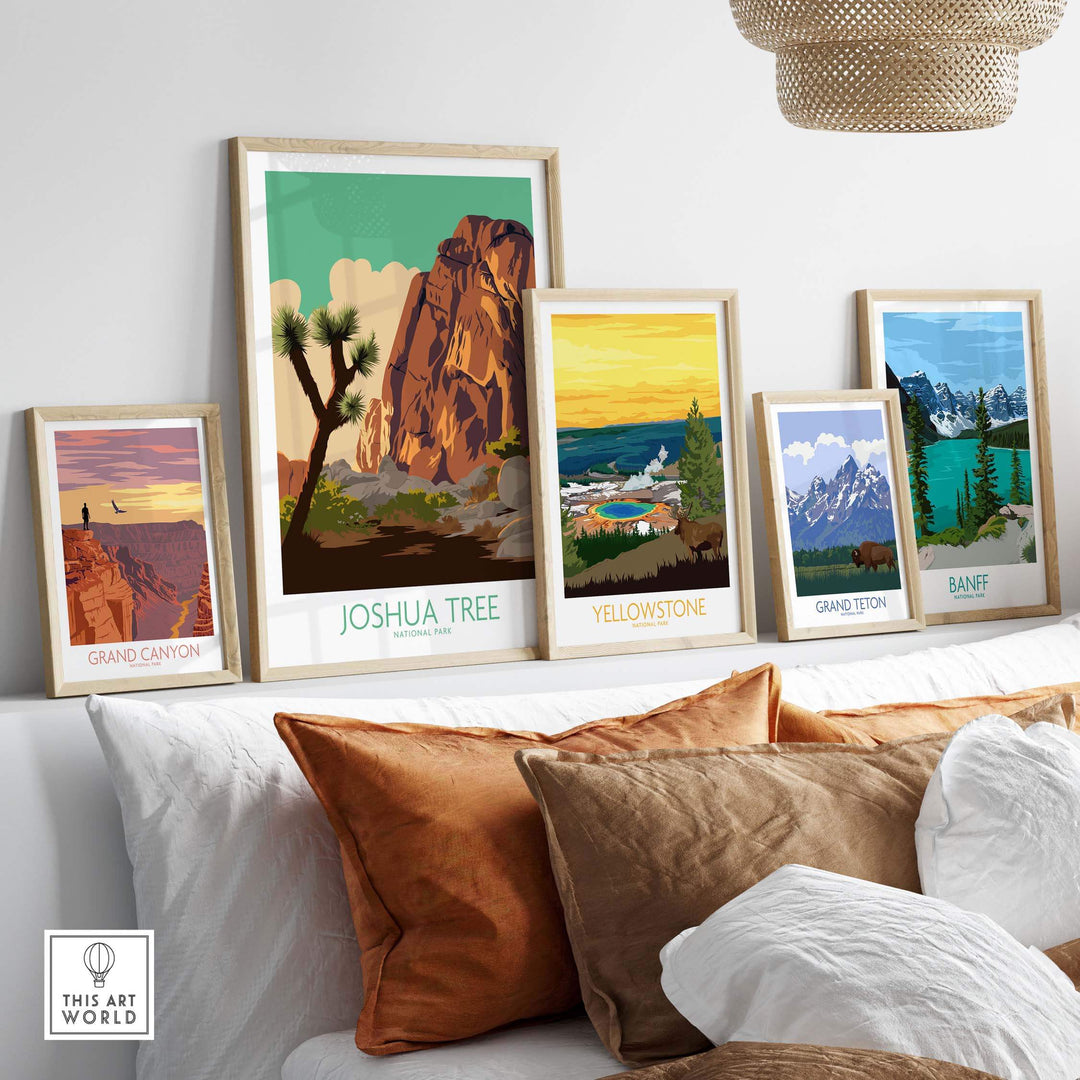 Joshua Tree poster print displayed on a cozy sofa, featuring vintage National Park art styles.
