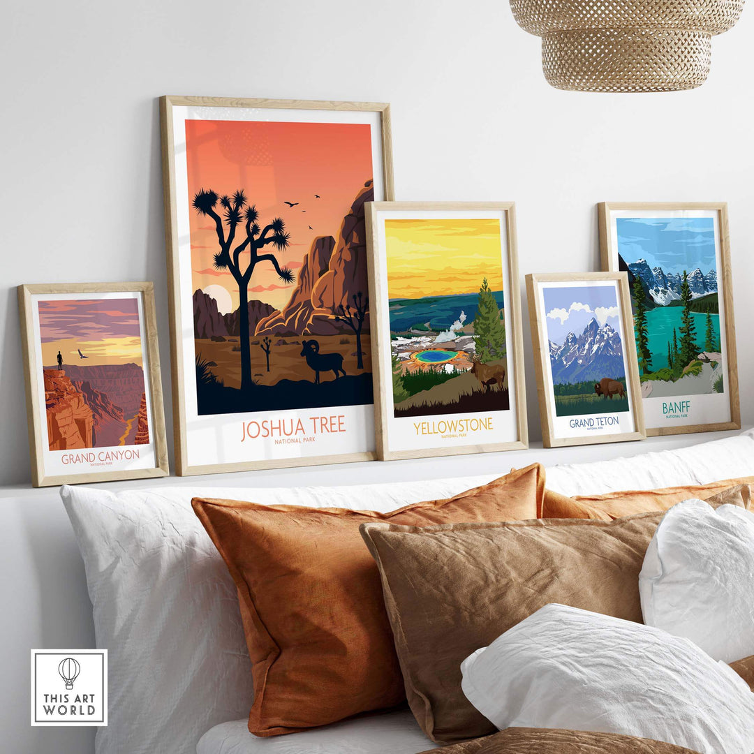 Framed Joshua Tree wall art and other national park posters displayed on a stylish living room wall.