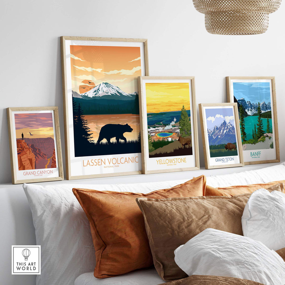Lassen Volcanic National Park poster among framed designs of national parks on a stylish sofa.