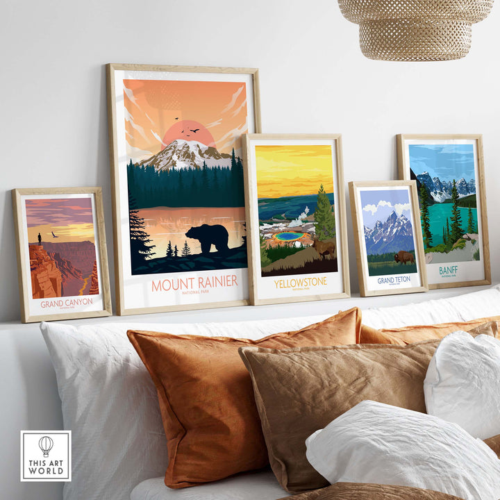Framed Mount Rainier and other National Park posters on a stylish wall, showcasing outdoor adventure art.