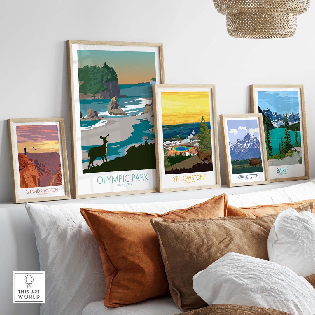 Framed Olympic National Park wall art collection showcasing stunning landscapes and wildlife in a stylish interior setting.