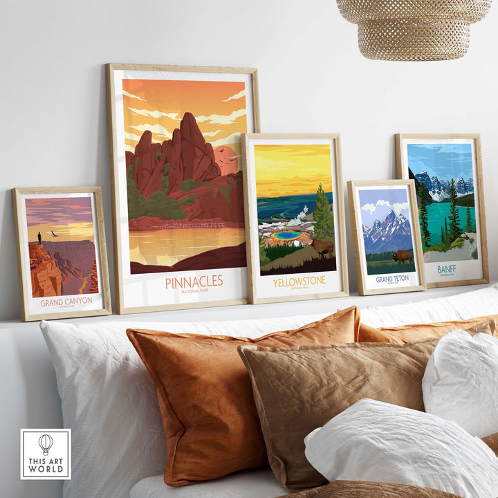 Pinnacles National Park poster art print displayed with framed nature posters in a cozy home setting.