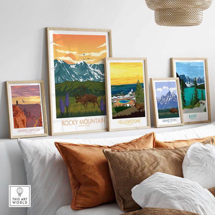 Rocky Mountain National Park poster and framed art prints featuring national parks like Yellowstone and Grand Canyon.