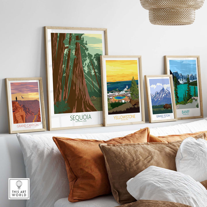 Sequoia National Park poster print with vintage design, displayed alongside other national park art in a cozy living room.