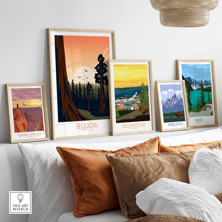 Collection of framed National Park posters featuring Sequoia, Yellowstone, Grand Canyon, and Banff in a stylish living room setting.