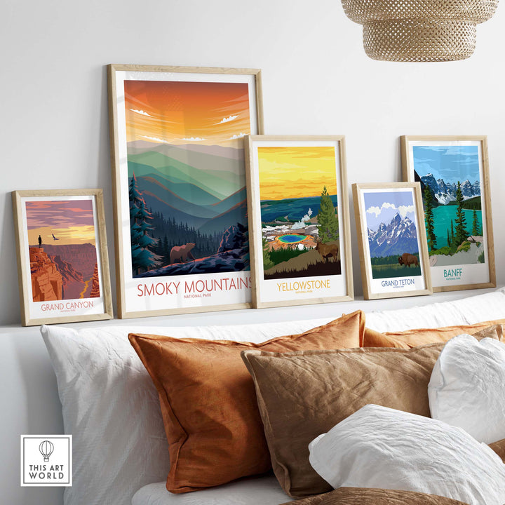 Collection of framed National Park posters including Smoky Mountains, Grand Canyon, Yellowstone, and Banff.