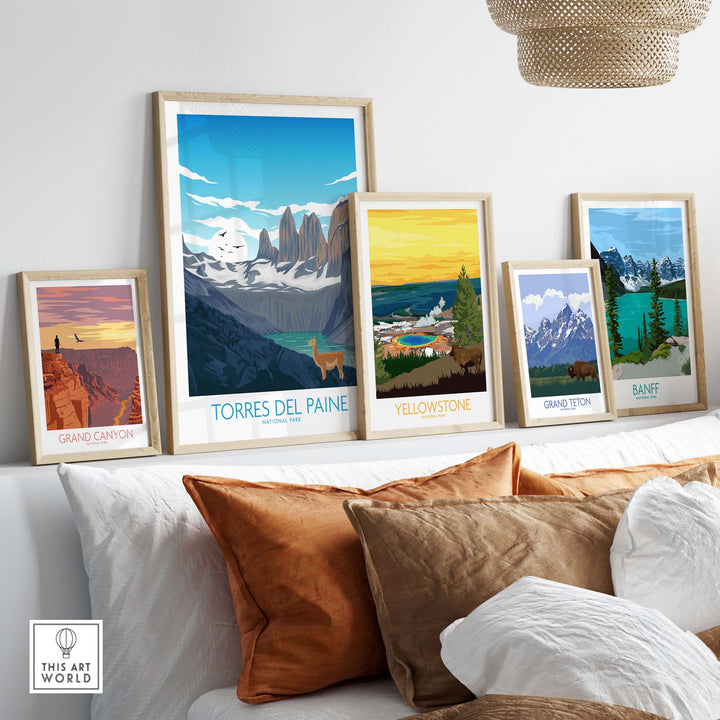 Gallery of vintage travel posters including Torres del Paine, Yellowstone, Grand Canyon, and Banff in stylish frames.