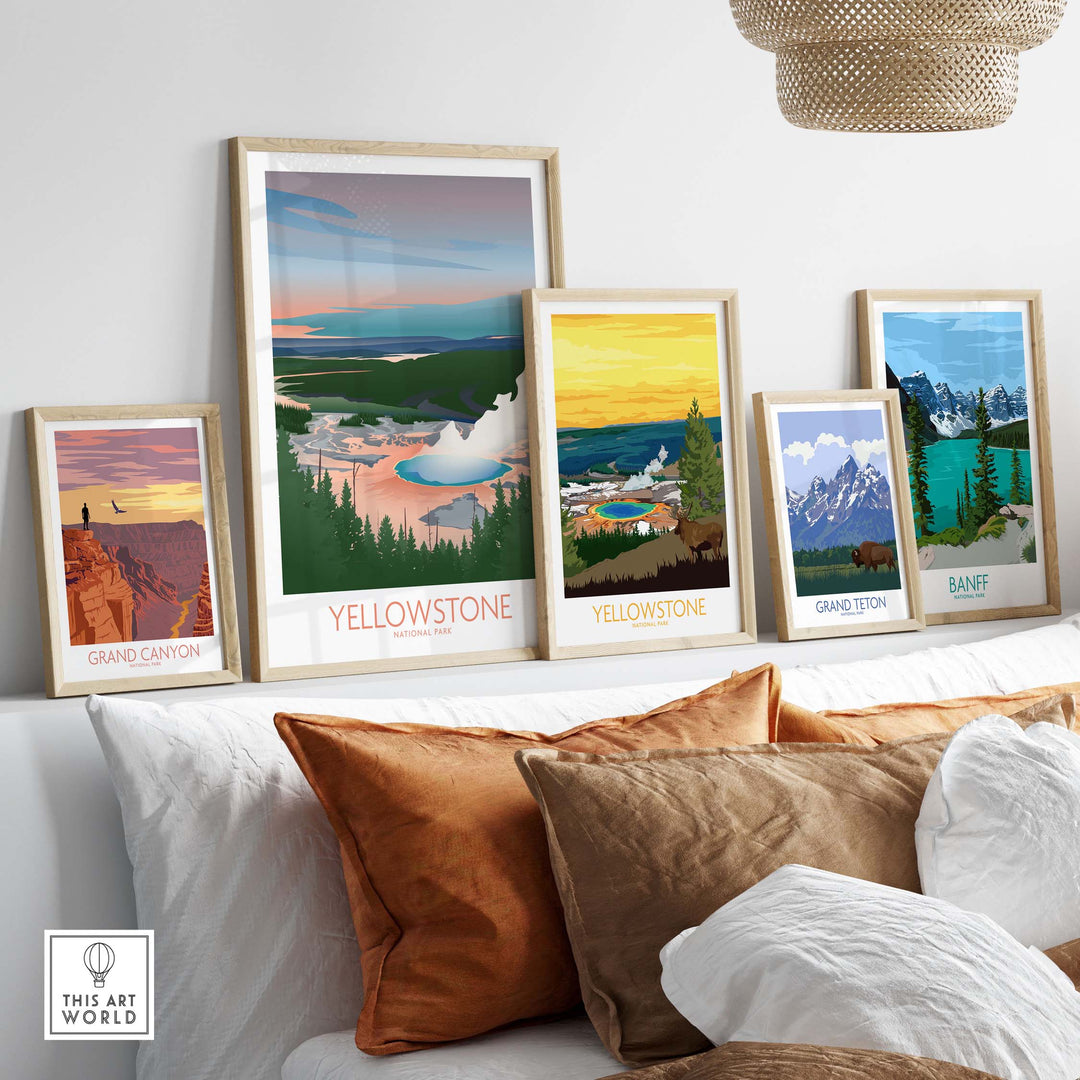 Framed art prints of Yellowstone National Park and other national parks, showcasing vibrant landscapes in a stylish home setting.