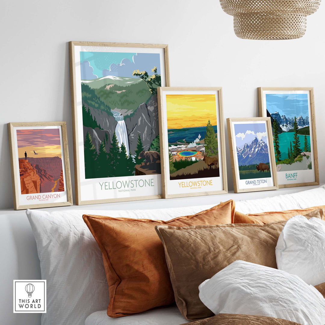 Framed Yellowstone poster prints showcased in a stylish home setting, featuring vibrant National Park landscapes.