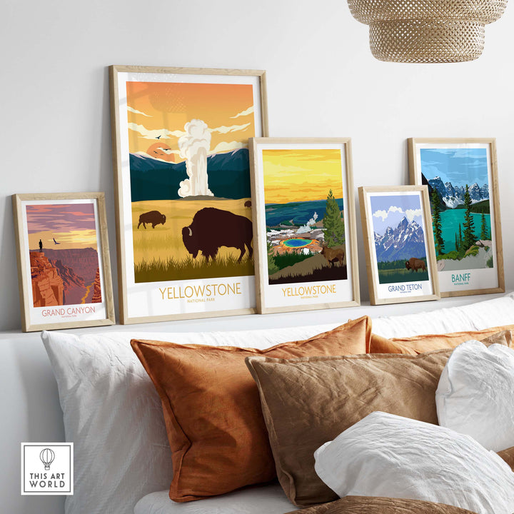 Gallery of framed Yellowstone and national park posters displayed in a stylish home setting.