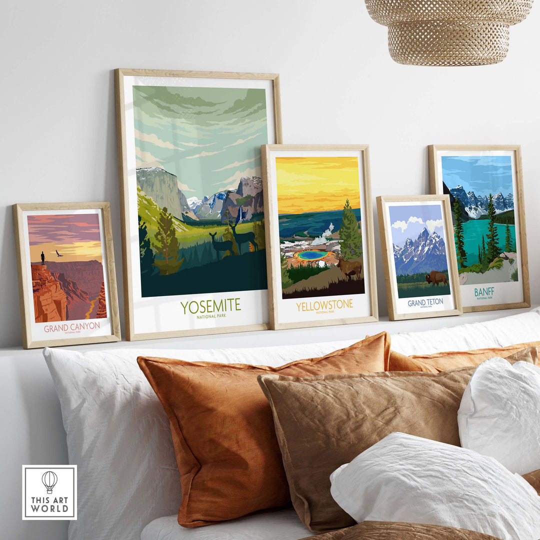 Framed vintage-inspired National Park prints featuring Yosemite, Yellowstone, Grand Canyon, Grand Teton, and Banff.