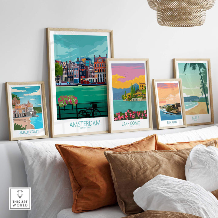 Amsterdam poster print collection displayed in stylish living room decor showcasing vintage travel art.