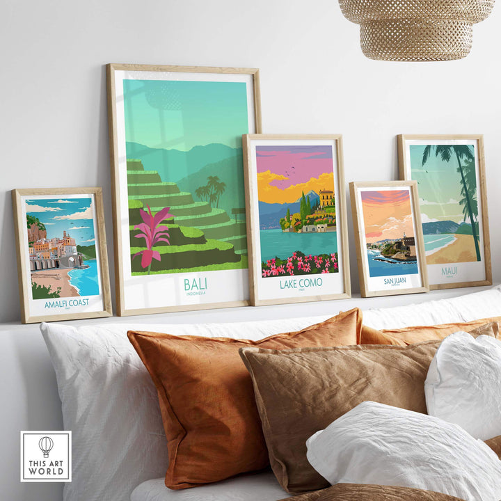 Bali Print wall art collection featuring vintage travel posters on a stylish shelf with colorful landscapes.