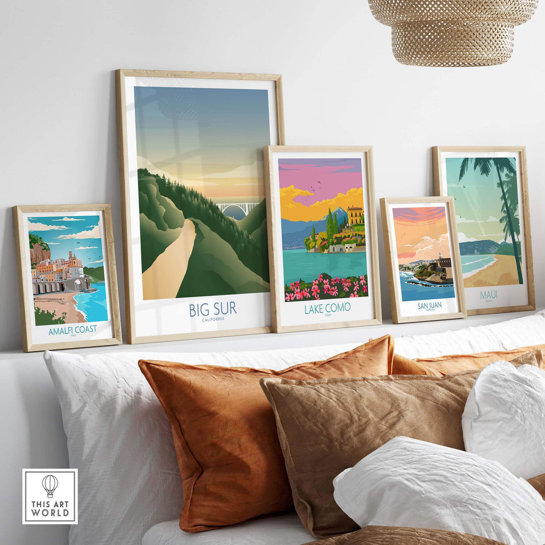 Framed Big Sur California art print and other travel art prints on a stylish wall display.