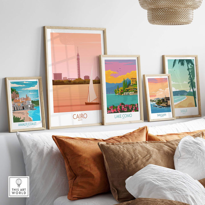 Cairo Travel Poster Print displayed among various vintage travel art prints on a stylish home decor shelf.