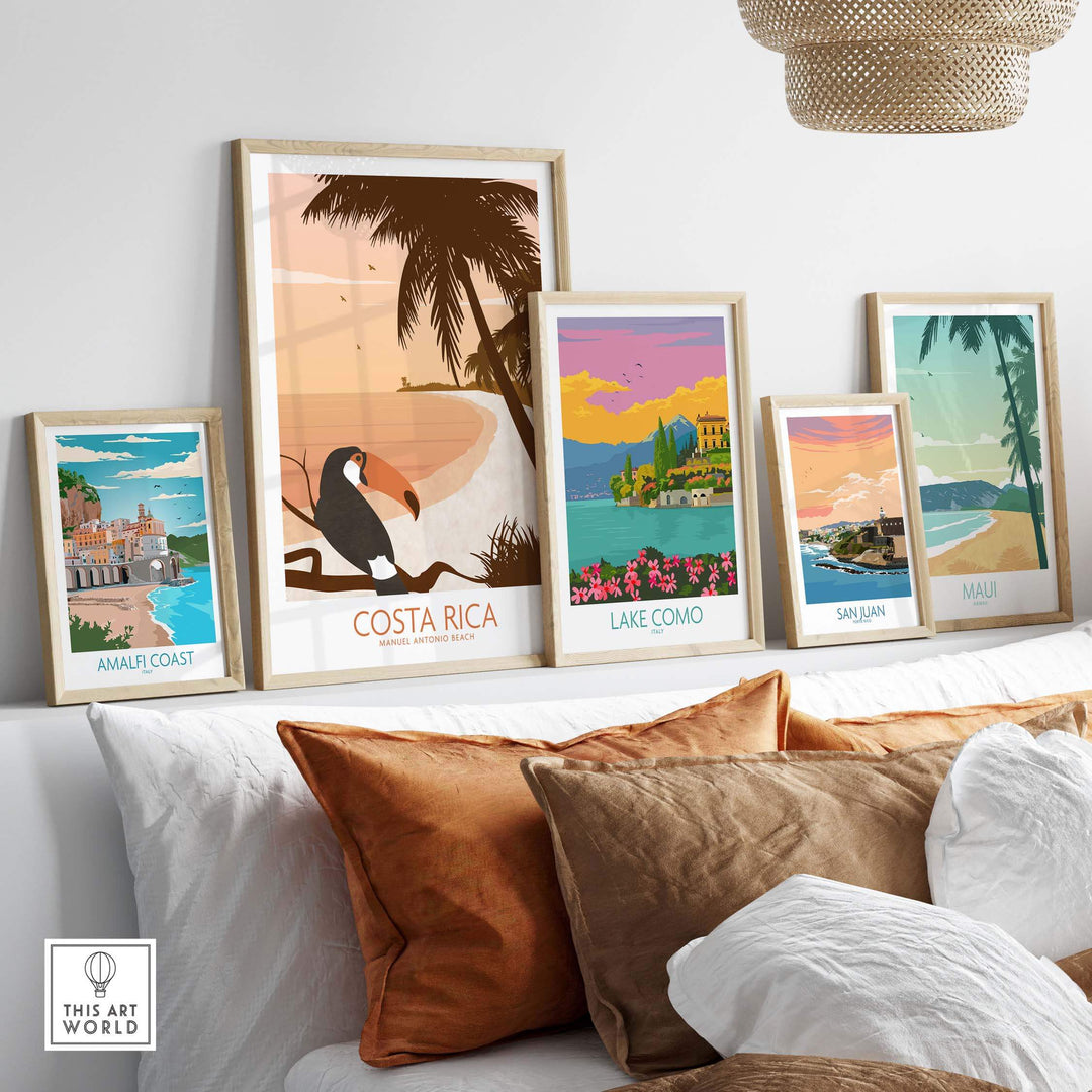 Costa Rica Print Poster and vintage travel art in minimalist frames, showcasing tropical landscapes and wanderlust inspiration.