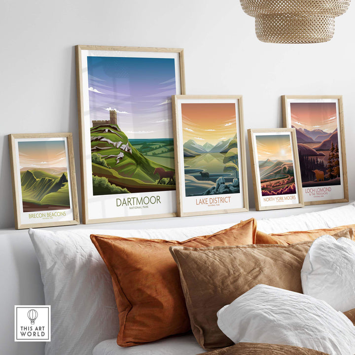 Dartmoor National Park poster and art prints displayed in modern frames on a stylish couch, showcasing nature inspired designs.