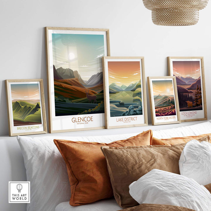 Glencoe National Park poster art print displayed among other UK national park posters in a modern living space.