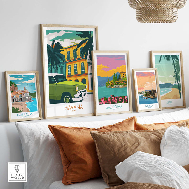 Havana Cuba poster print collection featuring vintage travel art in stylish frames on a cozy sofa.