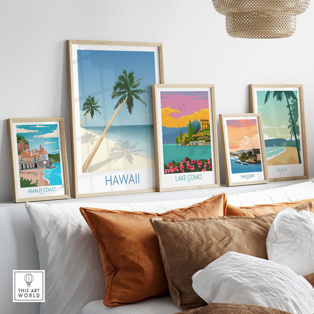 Framed Hawaii Beach wall art prints showcasing vintage travel poster designs for home decor.