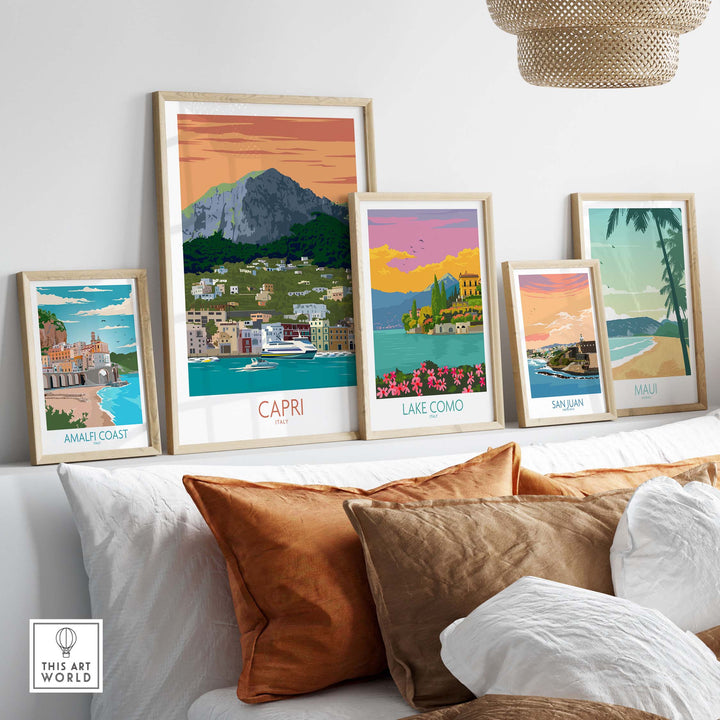 Capri Print Italy travel poster collection displayed in stylish home setting with warm pillows and natural light.