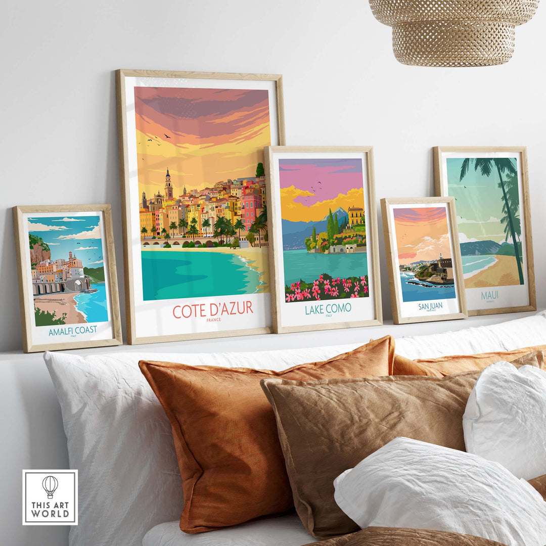 Cote d'Azur travel poster framed, showcasing French Riviera art and vintage travel design in a stylish home setting.