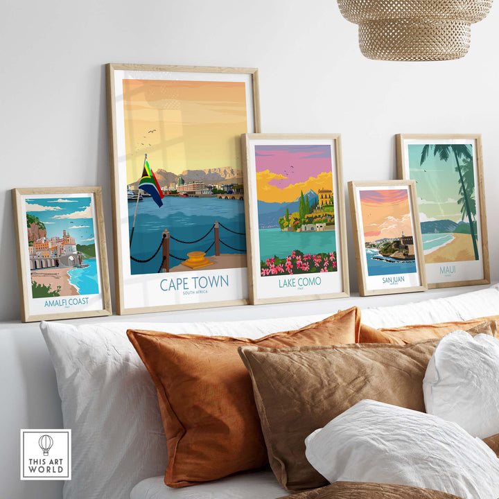 Cape Town print and vintage travel posters displayed in a stylish living space with earthy tones and modern decor.