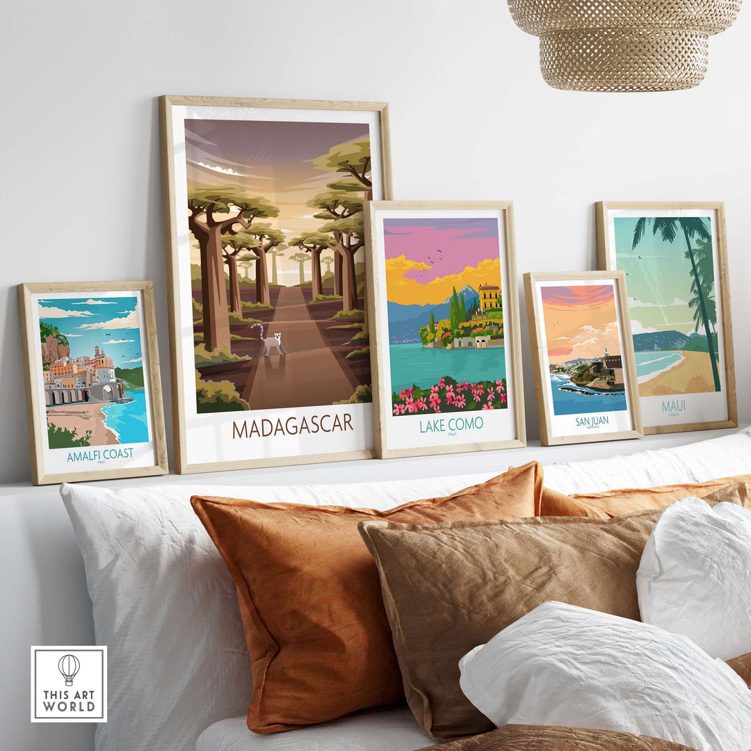 Madagascar Poster and travel art prints displayed stylishly on a wall, showcasing various world destinations.