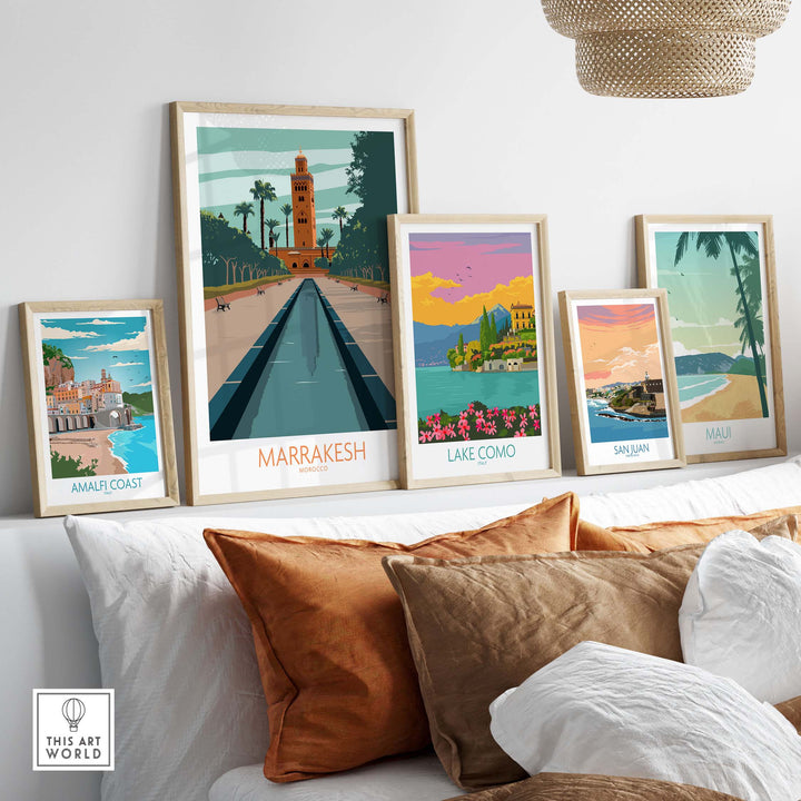 Marrakesh Poster Morocco Wall Art displayed among scenic travel art prints in stylish frames.