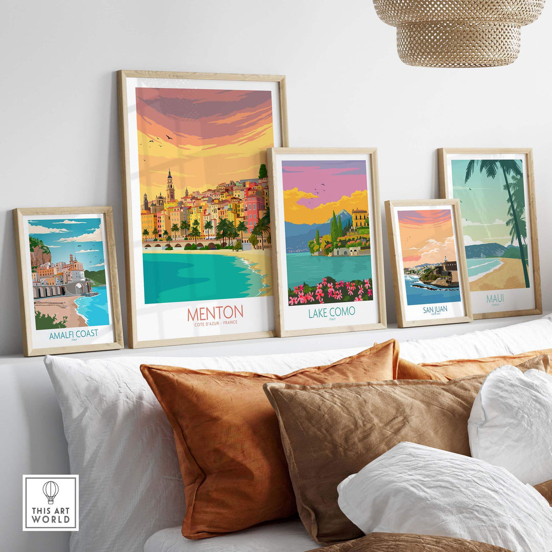 Menton Cote d'Azur poster art displayed in a stylish home setting, showcasing vintage travel-inspired prints.