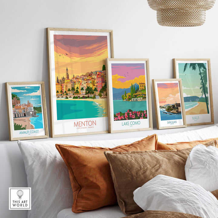 Menton Cote d'Azur poster art displayed in a stylish home setting, showcasing vintage travel-inspired prints.
